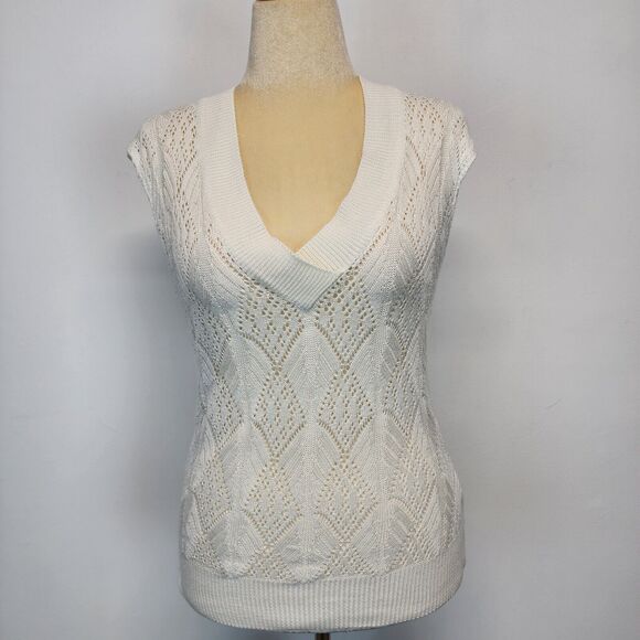 Vintage Y2K Faded Glory Sweater Vest Size M Ivory Deep V-neck Pointelle Knit - Picture 1 of 12